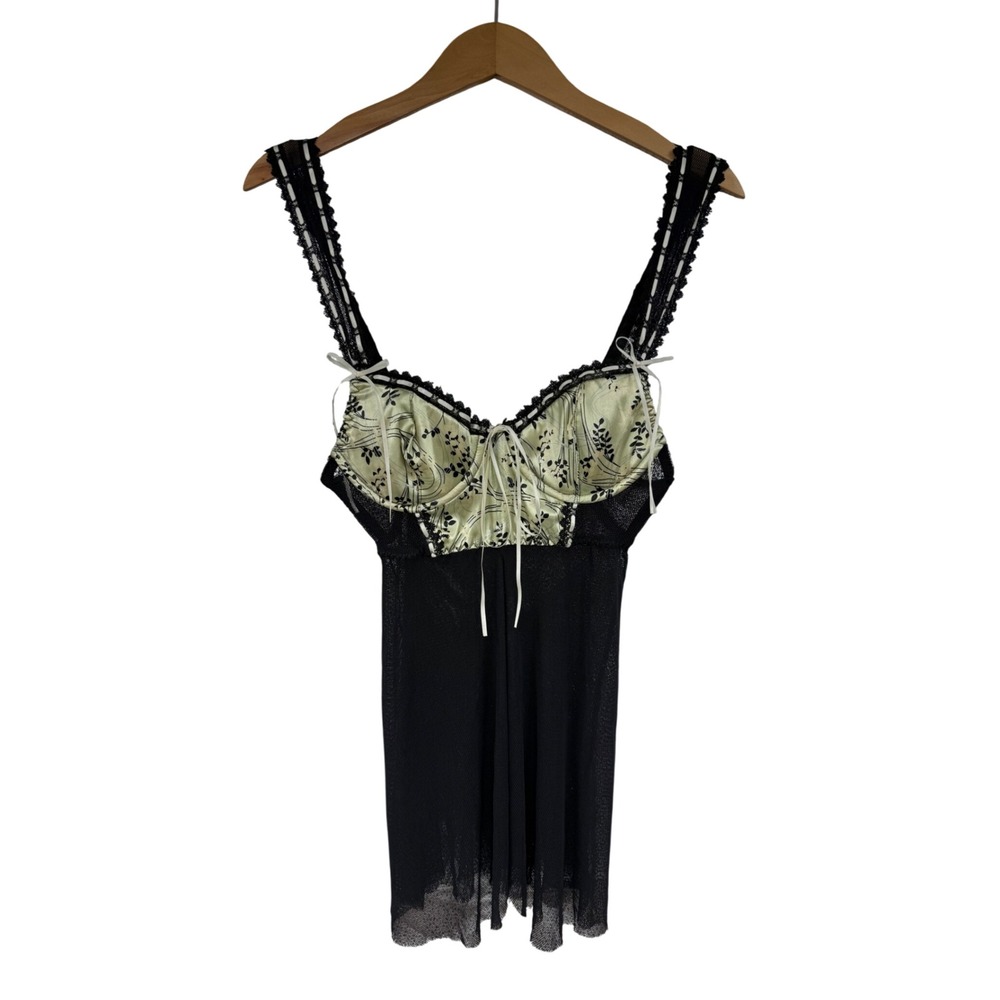 Movie Star Babydoll Lingerie Black Sheer Mesh Yellow Floral Underwire Coquette M